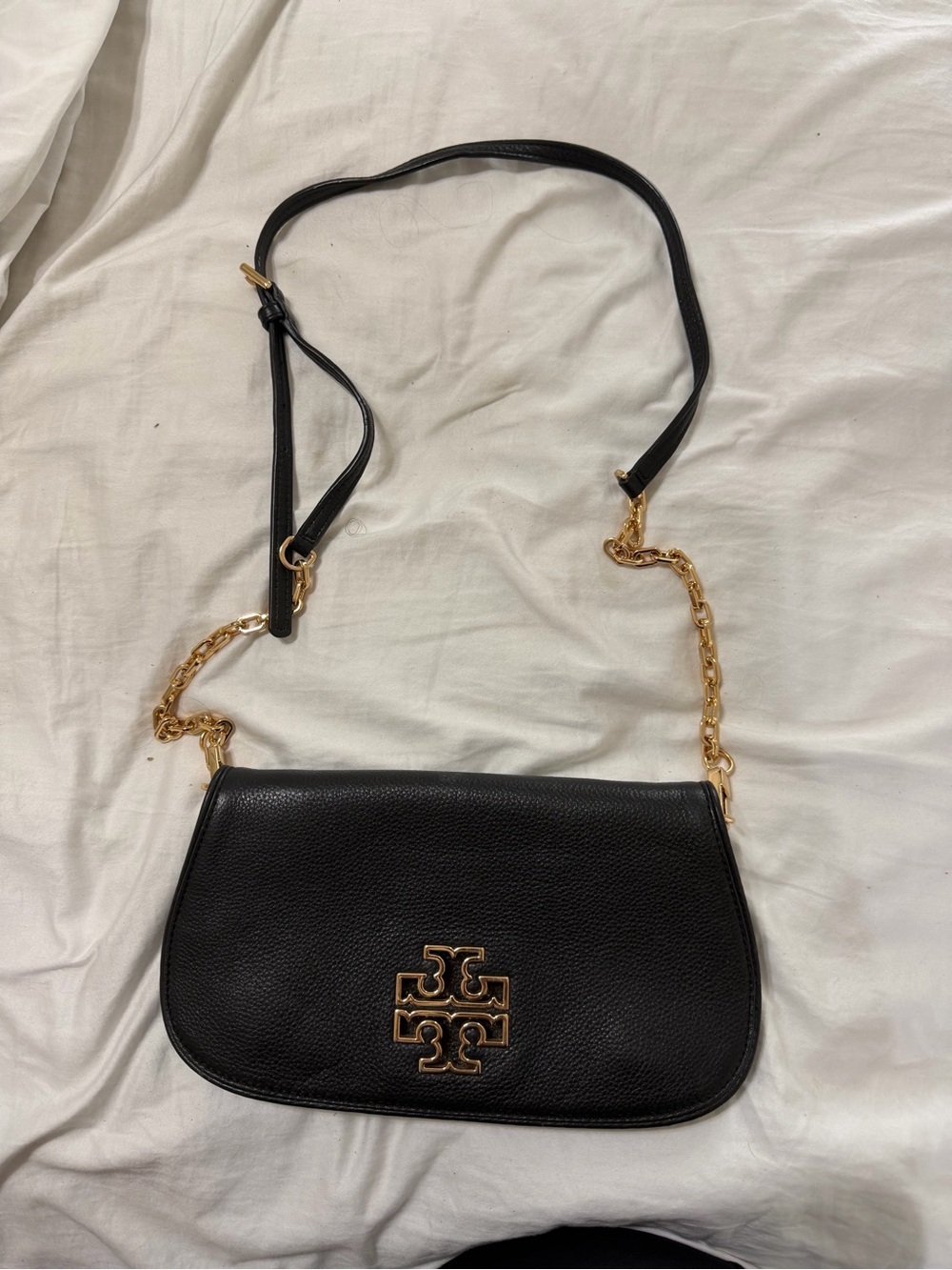 Tory Burch Black Leather Shoulder Bag with Gold Logo Accent